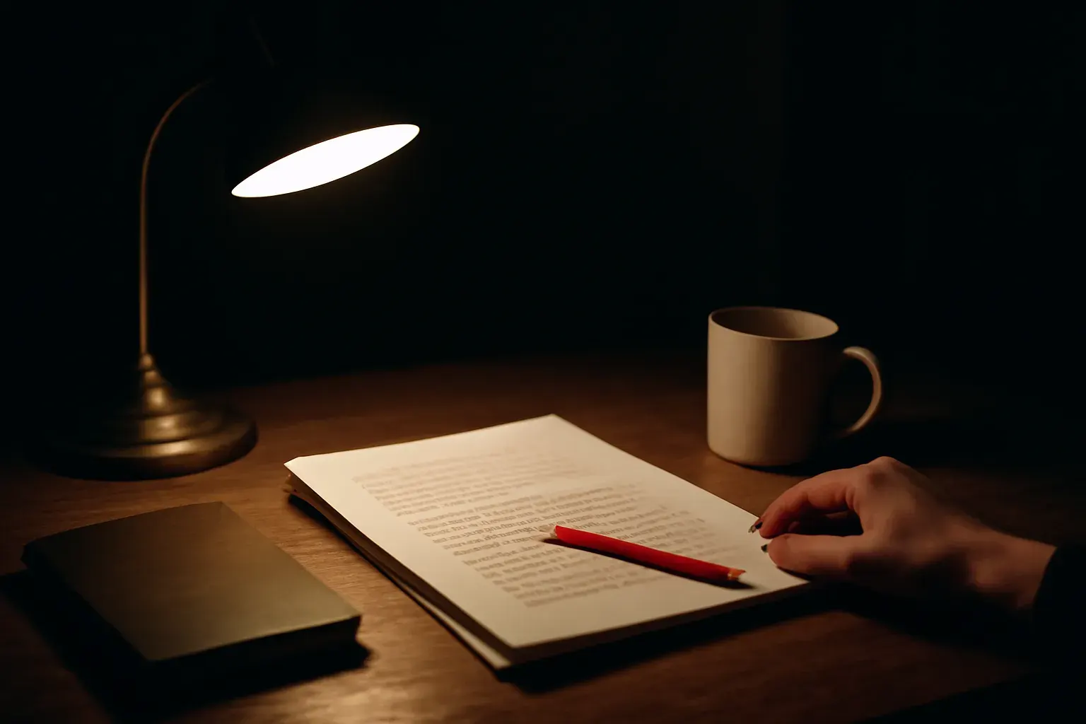 A wide view of a desk with documents and a pen, warm-lit
