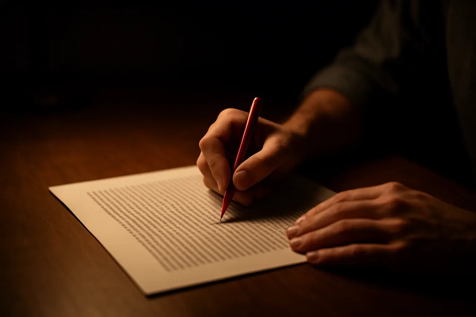 A printed page marked up by hand with a red pen